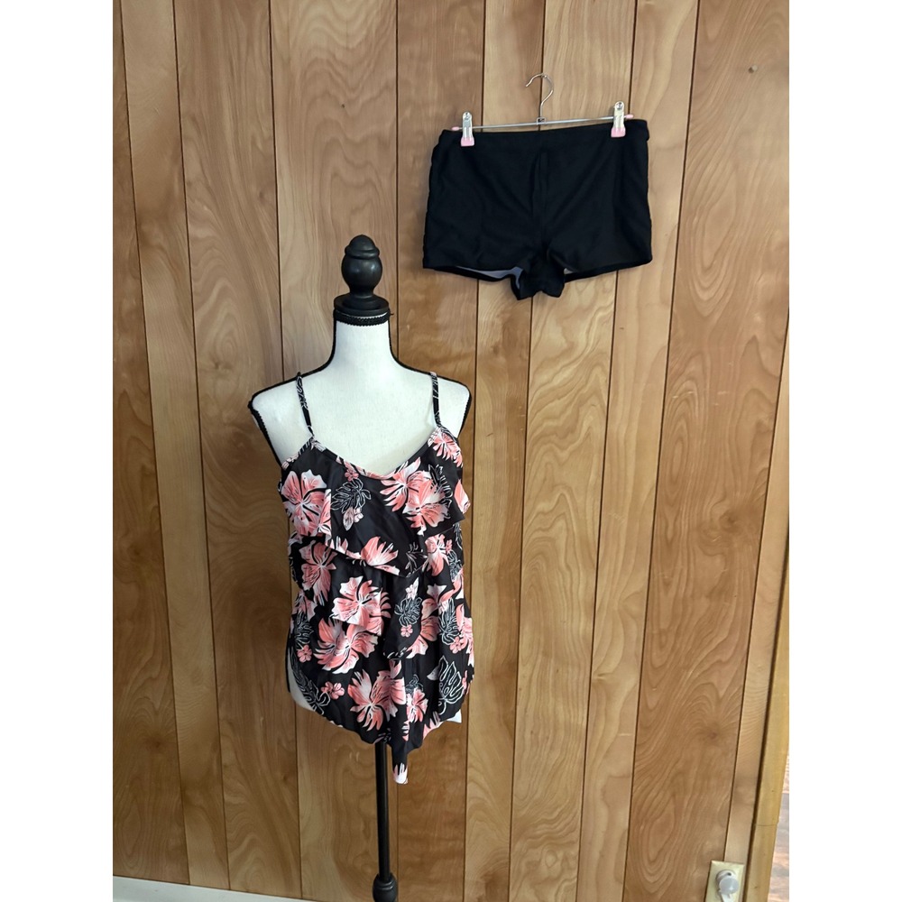 Floral Ruffle Tankini Set with Boy Shorts Black Pink Tropical Swimsuit Large